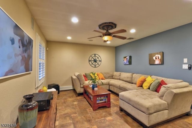 living room with recessed lighting, visible vents, baseboard heating, stone finish flooring, and ceiling fan