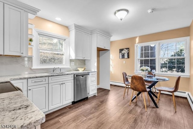 kitchen featuring white cabinets, dishwasher, a sink, and wood finished floors