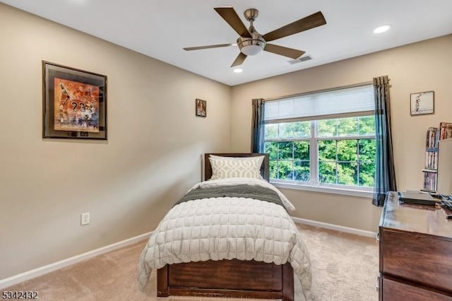 bedroom with recessed lighting, light colored carpet, a ceiling fan, baseboards, and visible vents