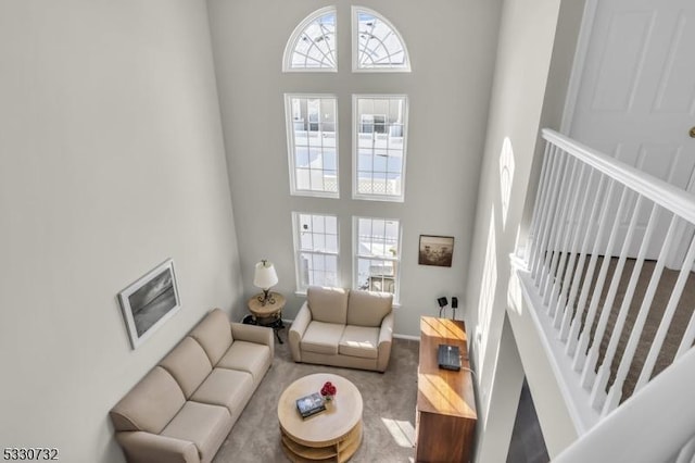 living room with a high ceiling