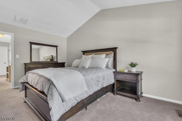 bedroom featuring baseboards, visible vents, vaulted ceiling, and carpet flooring