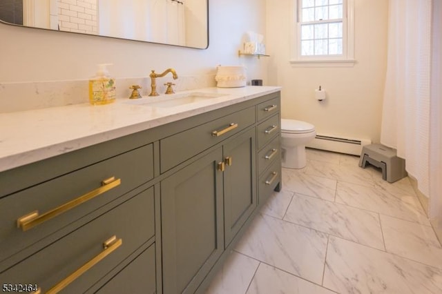 full bathroom featuring curtained shower, a baseboard heating unit, toilet, marble finish floor, and vanity