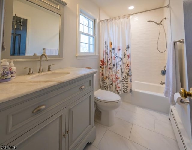 bathroom with shower / bath combo with shower curtain, toilet, a baseboard heating unit, tile patterned flooring, and vanity