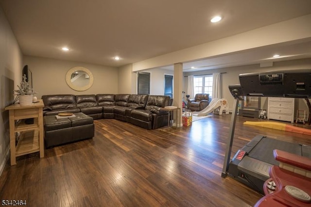 living room with recessed lighting and wood finished floors