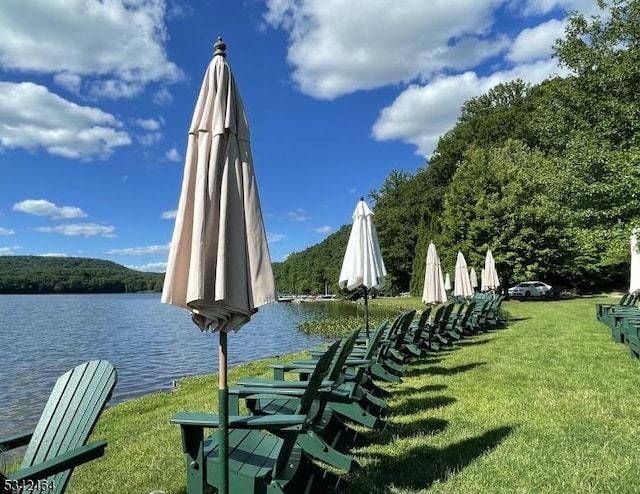 view of community featuring a yard and a water view