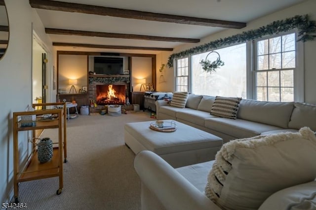 carpeted living area with beamed ceiling and a warm lit fireplace