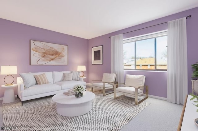 living area with light carpet and baseboards