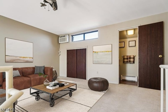 carpeted living room with a baseboard heating unit and a wall mounted air conditioner