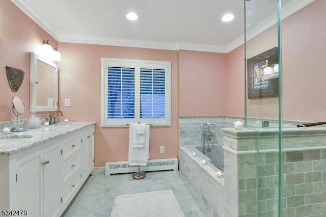 full bathroom with a garden tub, a baseboard heating unit, a sink, and ornamental molding