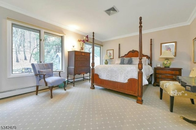 bedroom featuring carpet, visible vents, and crown molding