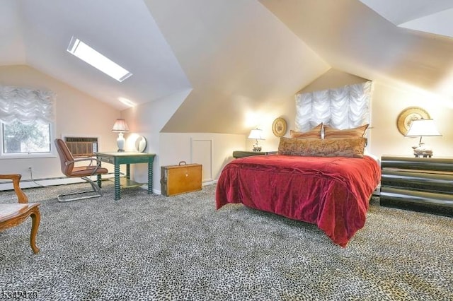 carpeted bedroom featuring lofted ceiling with skylight and an AC wall unit