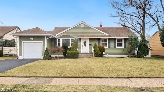 view of front of house featuring an attached garage, driveway, a chimney, and a front yard