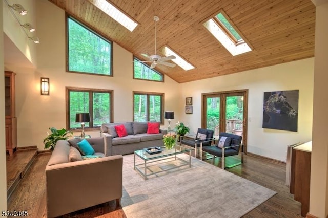 5 Apgar Way, Tewksbury Twp, NJ 08833 - living room featuring a skylight, high vaulted ceiling, dark wood-style flooring, baseboards, and wooden ceiling