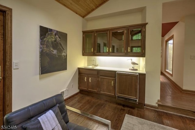 5 Apgar Way, Tewksbury Twp, NJ 08833 - bar area featuring vaulted ceiling, dark wood-type flooring, a sink, wood ceiling, and baseboards