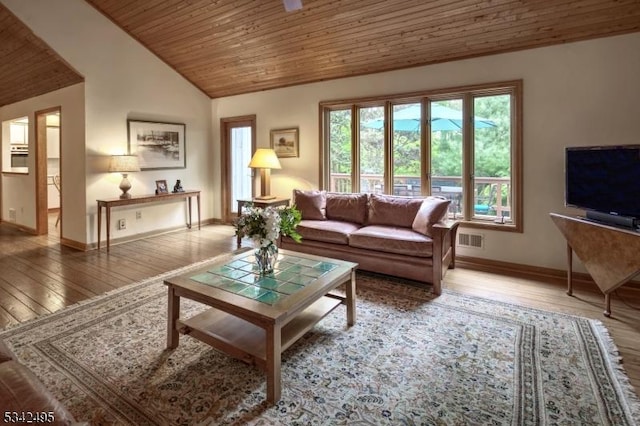 5 Apgar Way, Tewksbury Twp, NJ 08833 - living area featuring wood ceiling, baseboards, lofted ceiling, and hardwood / wood-style flooring