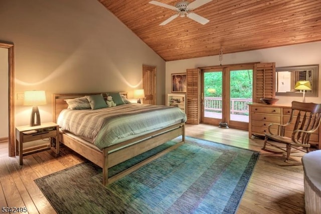 5 Apgar Way, Tewksbury Twp, NJ 08833 - bedroom featuring access to exterior, wood ceiling, wood-type flooring, high vaulted ceiling, and a ceiling fan