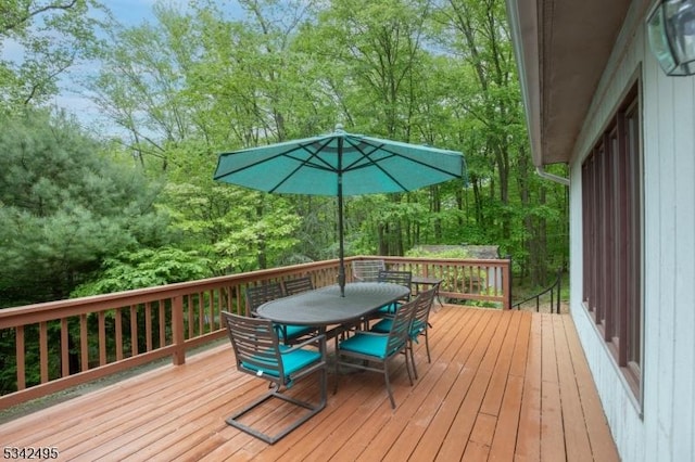 5 Apgar Way, Tewksbury Twp, NJ 08833 - wooden deck with outdoor dining space and view of scattered trees