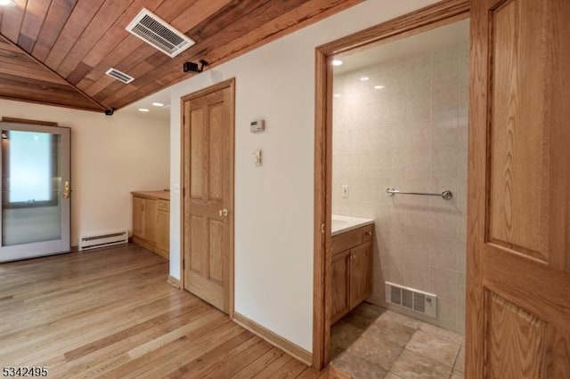 5 Apgar Way, Tewksbury Twp, NJ 08833 - bathroom featuring vanity, wood ceiling, baseboard heating, vaulted ceiling, and wood finished floors