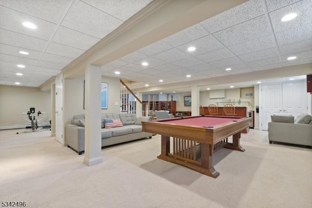 playroom featuring a dry bar, pool table, recessed lighting, and light colored carpet