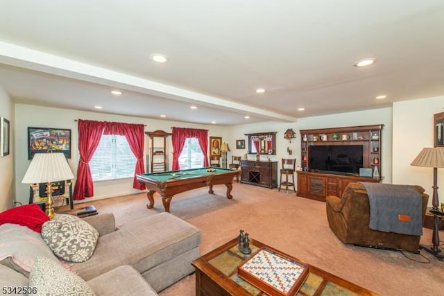 playroom featuring carpet floors, recessed lighting, beam ceiling, and pool table