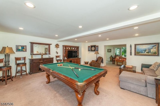 rec room with light carpet, beamed ceiling, billiards, and recessed lighting