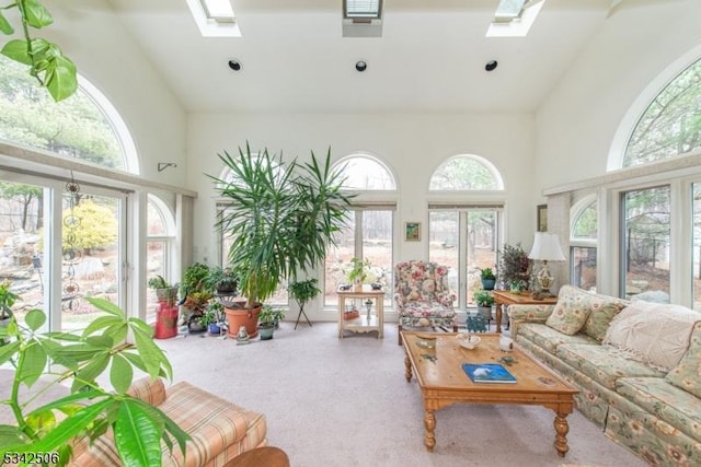 sunroom / solarium with lofted ceiling with skylight