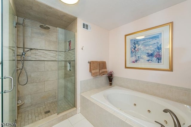 bathroom with a shower stall, visible vents, a tub with jets, and tile patterned flooring