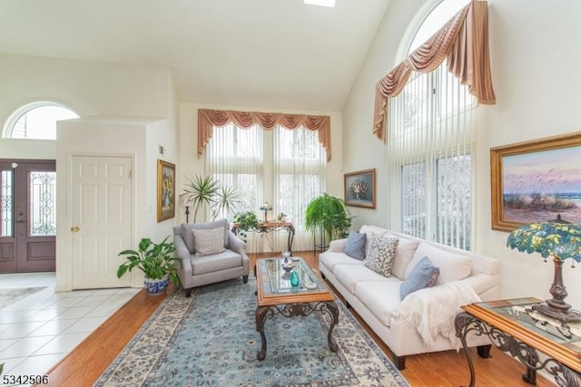 interior space with high vaulted ceiling