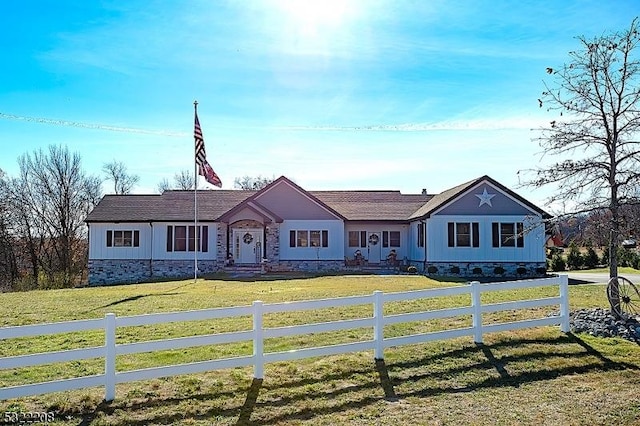 ranch-style home featuring a fenced front yard, board and batten siding, and a front yard