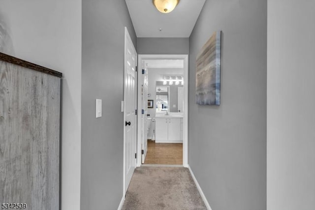 corridor with carpet floors and baseboards