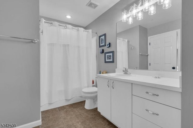 full bath featuring visible vents, toilet, shower / tub combo, vanity, and tile patterned floors