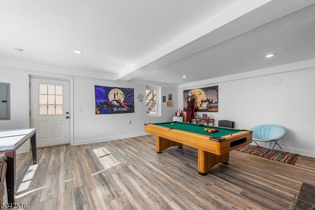 game room featuring baseboards, beam ceiling, recessed lighting, light wood-style flooring, and billiards