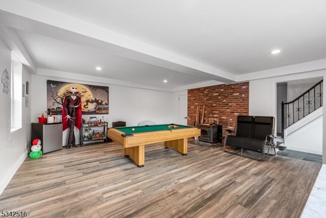 playroom with billiards, recessed lighting, wood finished floors, and baseboards