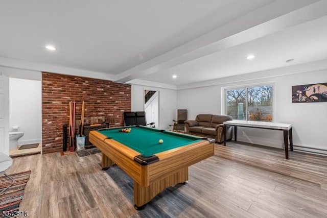 recreation room featuring beam ceiling, billiards, wood finished floors, and recessed lighting