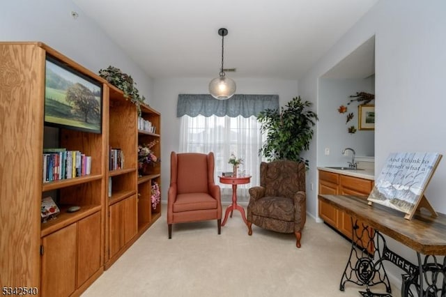 living area with light colored carpet