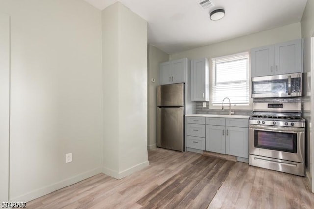 kitchen featuring light wood-type flooring, appliances with stainless steel finishes, gray cabinets, and a sink