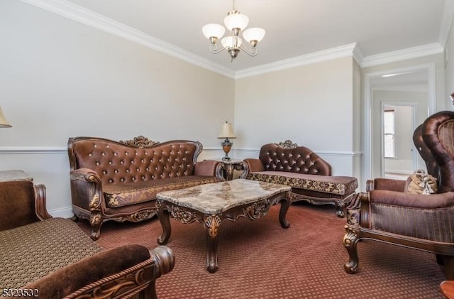 carpeted living area with a notable chandelier and crown molding