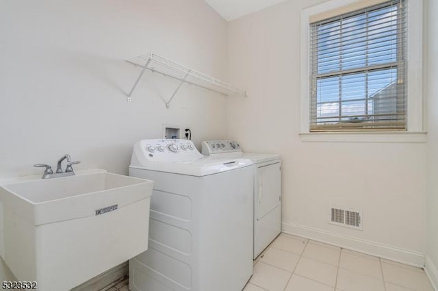 laundry room with laundry area, visible vents, baseboards, washing machine and dryer, and a sink