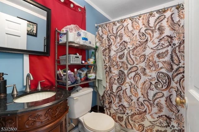 bathroom featuring curtained shower, vanity, and toilet