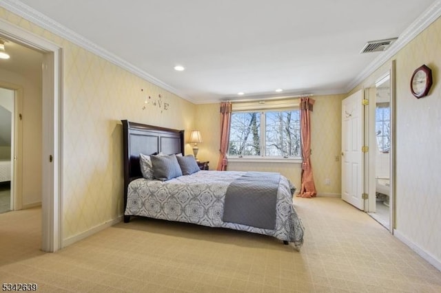 bedroom with baseboards, visible vents, wallpapered walls, ornamental molding, and light carpet