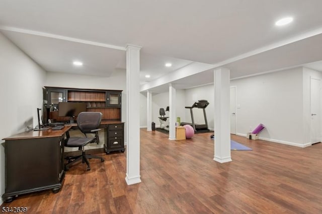 office area with recessed lighting, wood finished floors, baseboards, and ornate columns