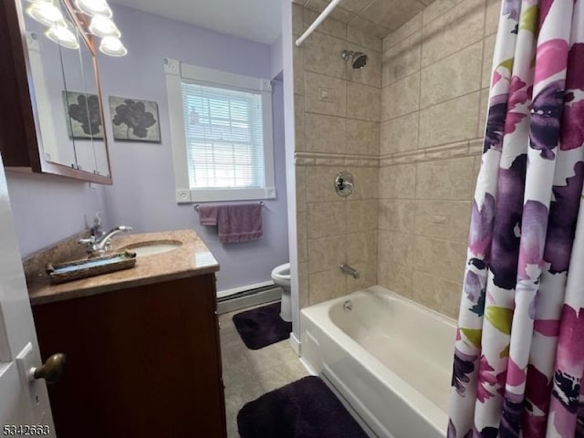 full bath with toilet, a baseboard heating unit, vanity, baseboards, and shower / tub combo with curtain