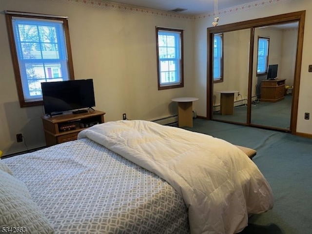 carpeted bedroom featuring visible vents and baseboards