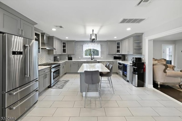 kitchen featuring premium appliances, gray cabinetry, a sink, visible vents, and wall chimney range hood