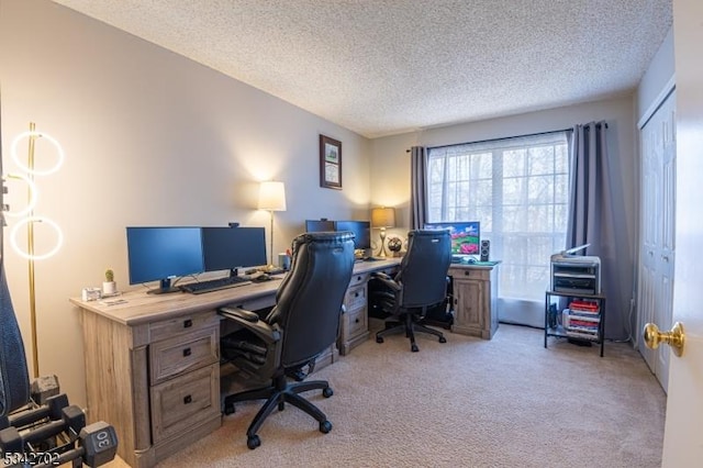 office featuring light colored carpet and a textured ceiling