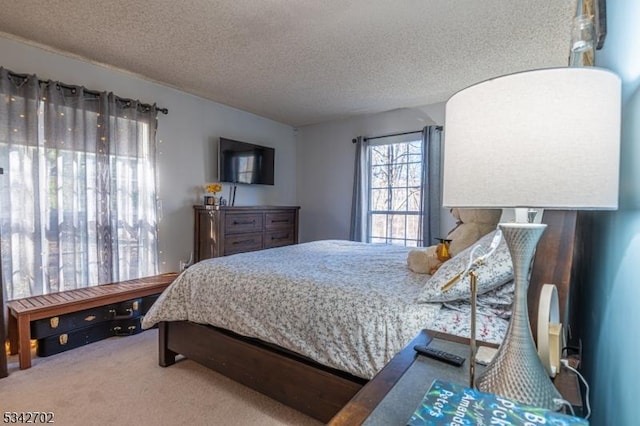 bedroom featuring carpet flooring and a textured ceiling