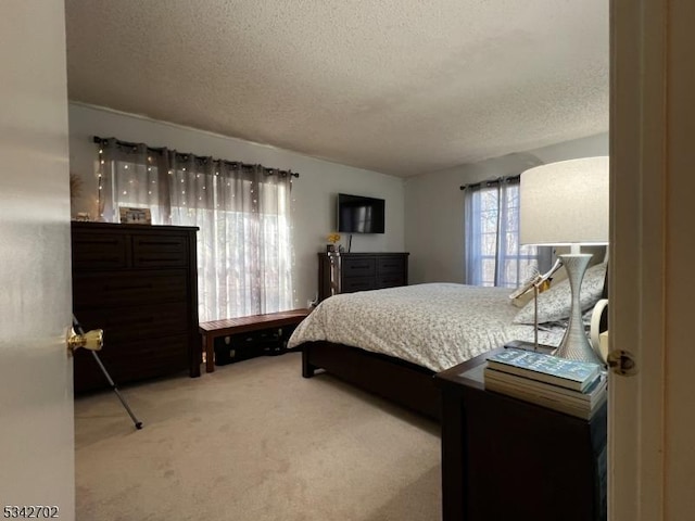 bedroom featuring a textured ceiling and light carpet