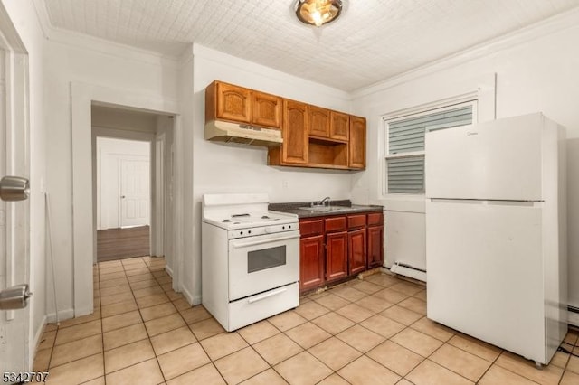 kitchen featuring under cabinet range hood, a baseboard heating unit, white appliances, and crown molding