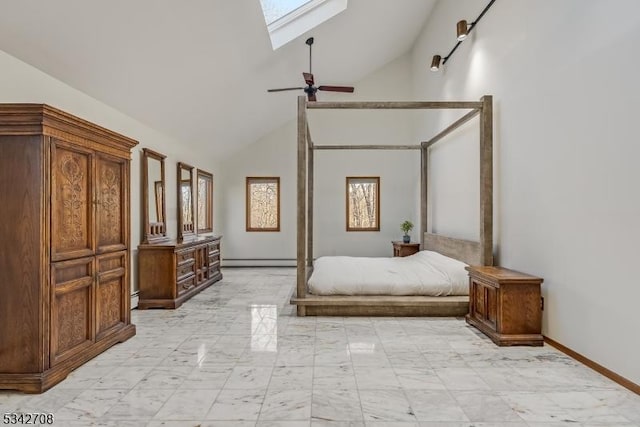 bedroom featuring a skylight, baseboards, high vaulted ceiling, and a baseboard radiator