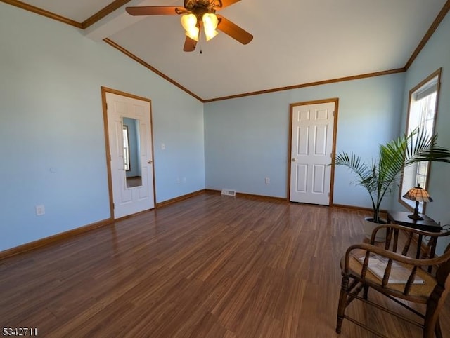 living area with lofted ceiling, visible vents, ornamental molding, wood finished floors, and baseboards